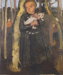 Niña en el bosque de abedules con gato